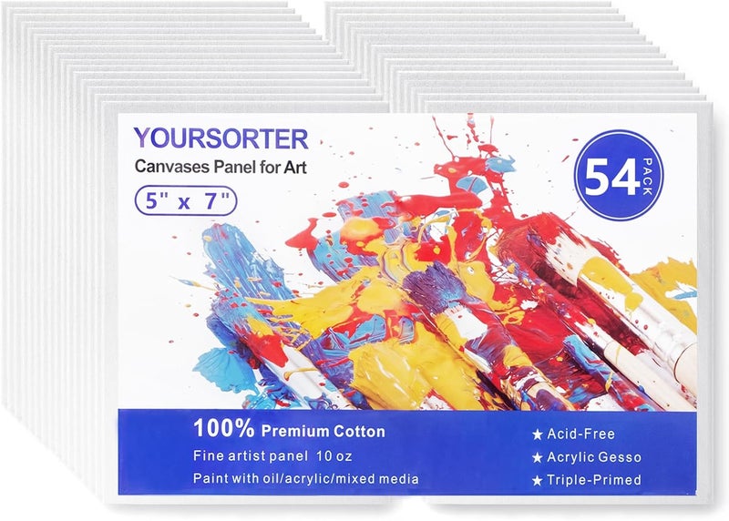 YOURSORTER 54 Pack 5x7 Inch Canvas Boards for Painting Bulk, Kids Art Novices Blank Painting Canvases, Gesso Primed Acid-Free 100% Cotton Canvas Panels for Acrylic Oil Watercolor Tempera Paint - Image 1